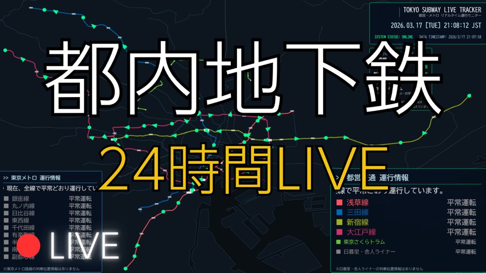 大江戸線を含む東京の地下鉄の走行位置を表示するライブ配信画面